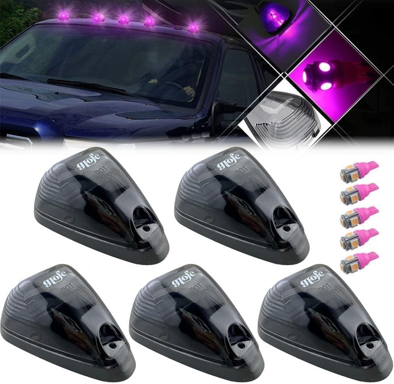 GLOFE 5X Black Smoke Lens Cab Roof Marker Running Lamps w/Pink Purple LED Lights Compatible with Ford F150 F250 F350 F450 F550 F650 F750 E150 E250 E350 E450 1999-2016 Super Duty Pickup Trucks - Image 1